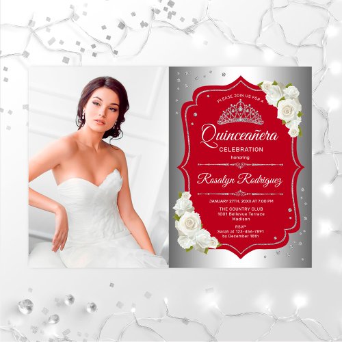 Quinceanera Party With Photo _ Silver Red Invitation