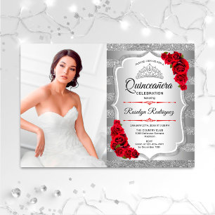 Quinceanera Party With Photo - Silver Red Invitation