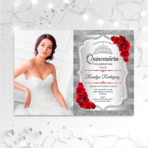 Quinceanera Party With Photo _ Silver Red Invitation