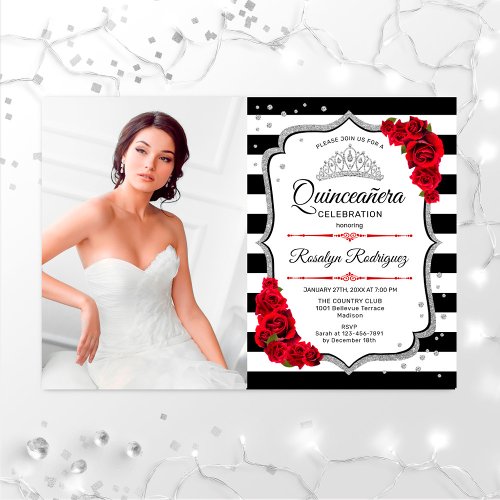 Quinceanera Party With Photo _ Silver Red White Invitation