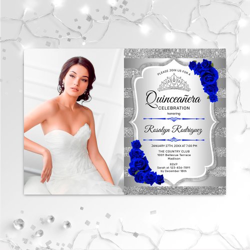 Quinceanera Party With Photo _ Silver Royal Blue Invitation