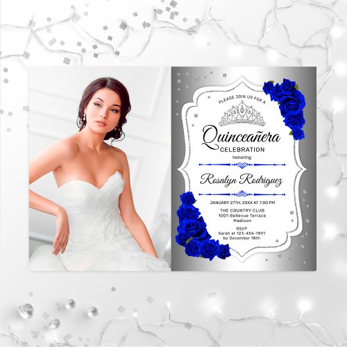 Quinceanera Party With Photo _ Silver Royal Blue Invitation