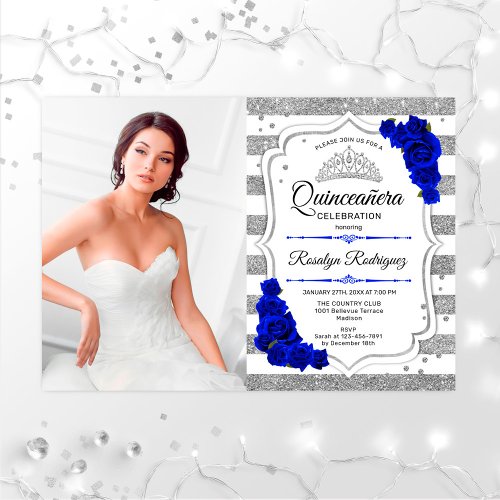 Quinceanera Party With Photo _ Silver Royal Blue Invitation