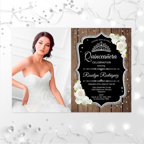 Quinceanera Party With Photo _ Silver Rustic Wood Invitation