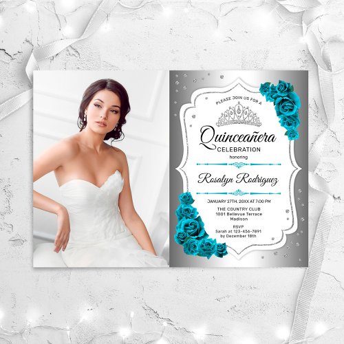 Quinceanera Party With Photo _ Silver Teal White Invitation