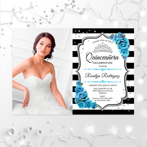 Quinceanera Party With Photo _ Silver Turquoise Invitation