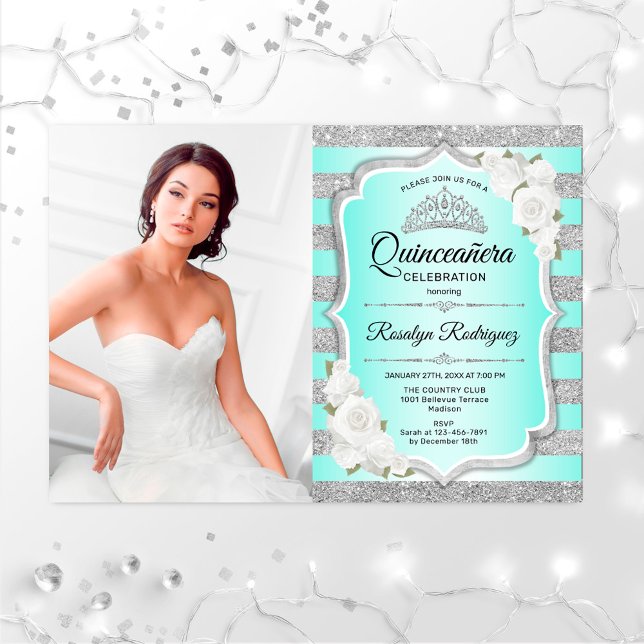 Quinceanera Party With Photo - Silver Turquoise Invitation (Creator Uploaded)