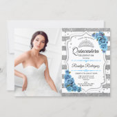 Quinceanera Party With Photo - Silver White Blue Invitation (Front)