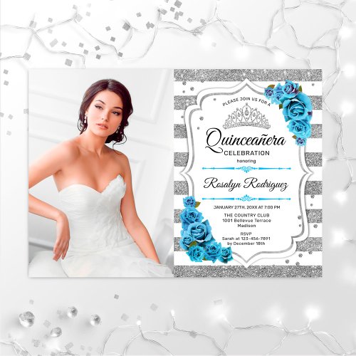 Quinceanera Party With Photo _ Silver White Blue Invitation