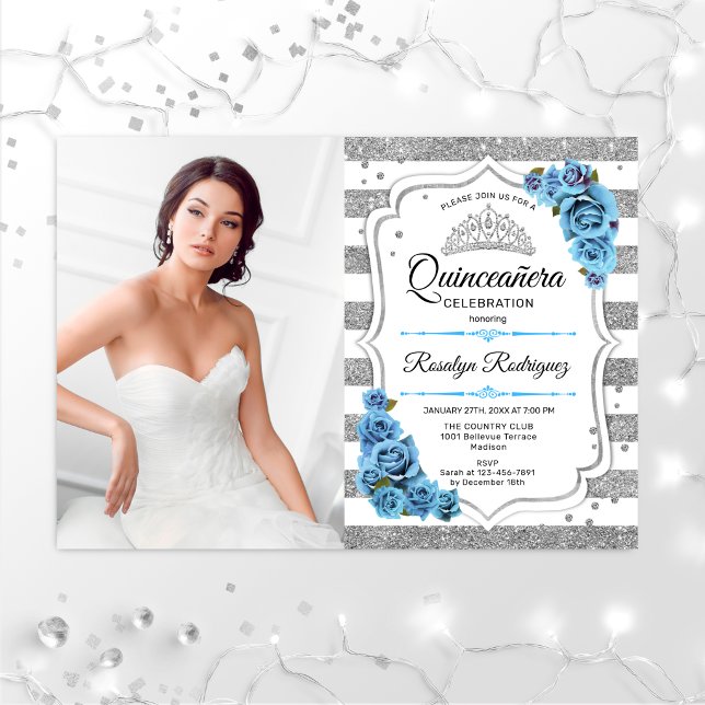 Quinceanera Party With Photo - Silver White Blue Invitation