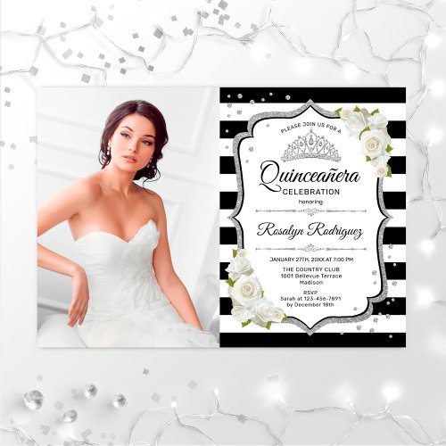 Quinceanera Party With Photo _ Silver White Invitation