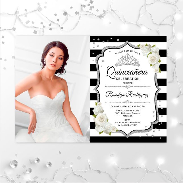 Quinceanera Party With Photo - Silver White Invitation (Creator Uploaded)