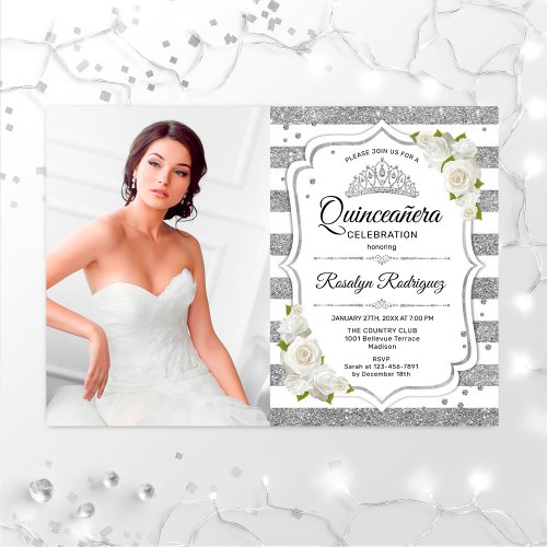 Quinceanera Party With Photo _ Silver White Invitation