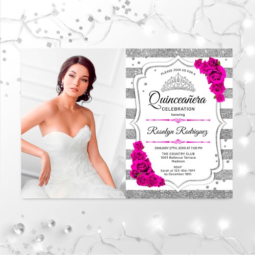 Quinceanera Party With Photo _ Silver White Pink Invitation