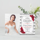 Quinceanera Party With Photo - Silver White Red Invitation (Standing Front)