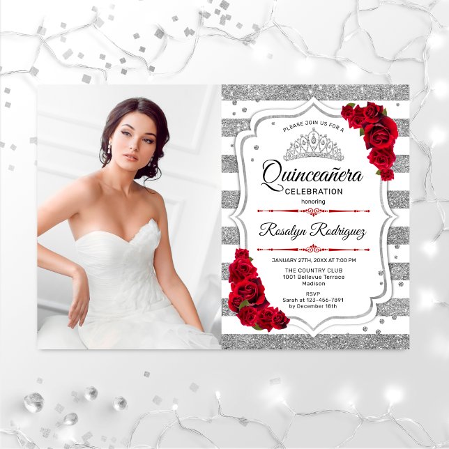 Quinceanera Party With Photo - Silver White Red Invitation