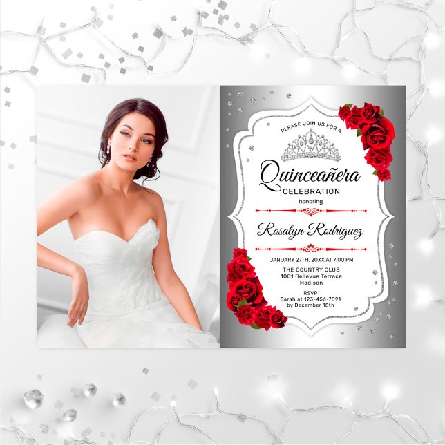 Quinceanera Party With Photo - Silver White Red Invitation (Creator Uploaded)