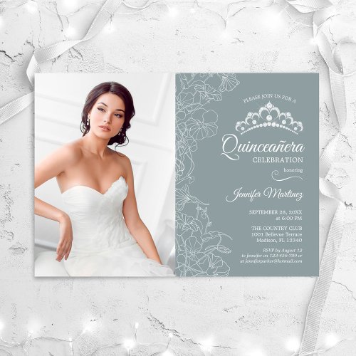 Quinceanera Party With Photo _ Steel Blue Floral Invitation