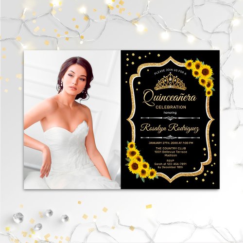 Quinceanera Party With Photo _ Sunflowers Black Invitation