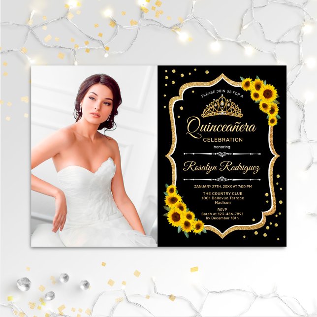 Quinceanera Party With Photo - Sunflowers Black Invitation (Creator Uploaded)