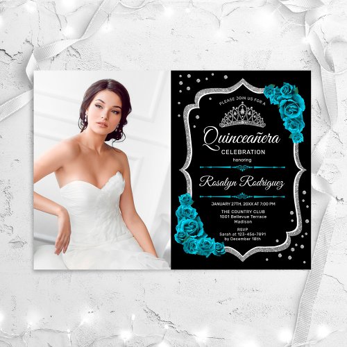 Quinceanera Party With Photo _ Teal Black Silver Invitation