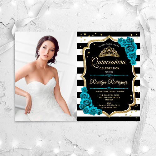Quinceanera Party With Photo _ Teal Gold Black Invitation