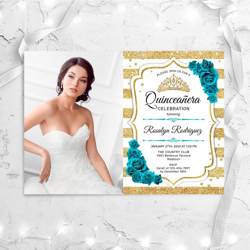 Quinceanera Party With Photo _ Teal Gold White Invitation