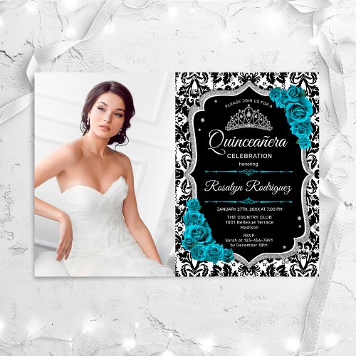 Quinceanera Party With Photo _ Teal Silver Black Invitation