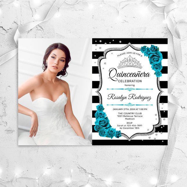 Quinceanera Party With Photo - Teal Silver White Invitation (Creator Uploaded)