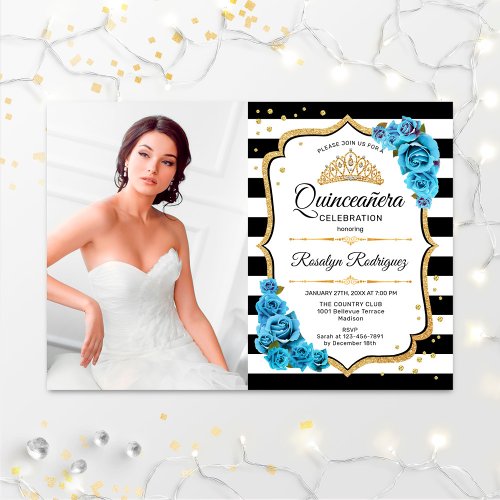 Quinceanera Party With Photo _ Turquoise Blue Gold Invitation