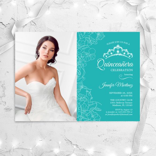 Quinceanera Party With Photo _ Turquoise Floral Invitation