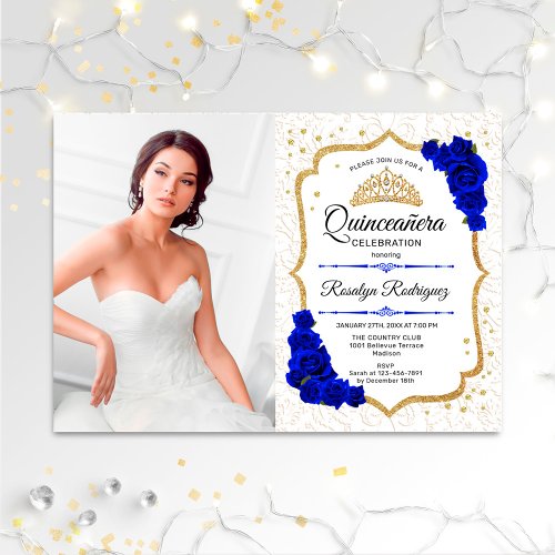 Quinceanera Party With Photo _ White Gold Blue Invitation