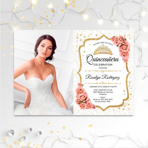 Quinceanera Party With Photo _ White Gold Floral Invitation