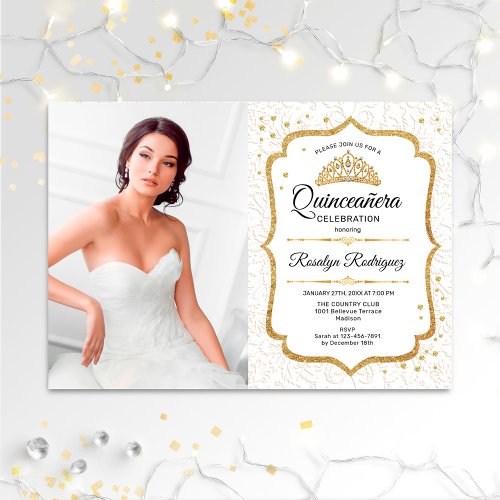 Quinceanera Party With Photo _ White Gold Invitation