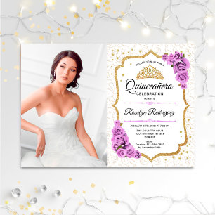 Quinceanera Party With Photo - White Gold Purple Invitation