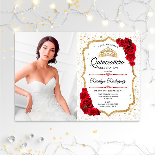 Quinceanera Party With Photo _ White Gold Red Invitation