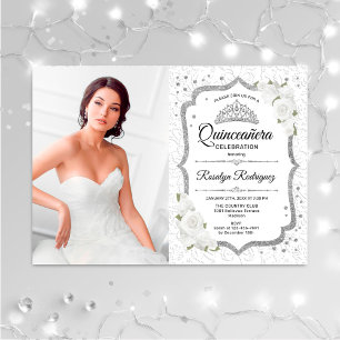 Quinceanera Party With Photo - White Silver Invitation