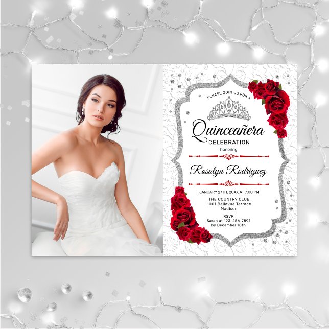 Quinceanera Party With Photo - White Silver Red Invitation