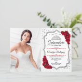 Quinceanera Party With Photo - White Silver Red Invitation (Standing Front)