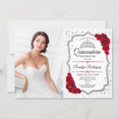 Quinceanera Party With Photo - White Silver Red Invitation (Front)