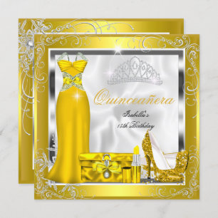 Quinceanera Party Yellow Gold Silver dress S5 Invitation