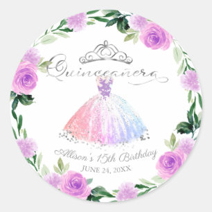 Quinceanera Pastel Colors Silver Gown Floral Classic Round Sticker