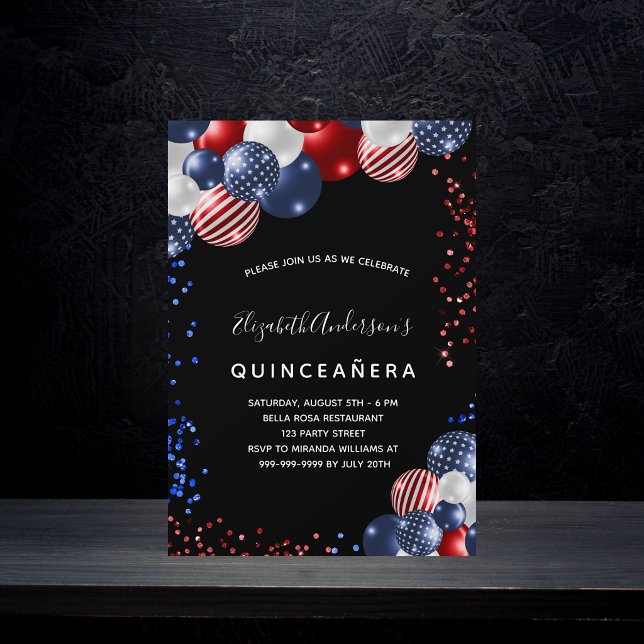 Quinceanera patriotic black red blue white balloon invitation