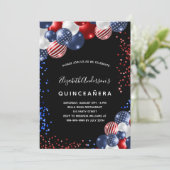 Quinceanera patriotic black red blue white balloon invitation (Standing Front)