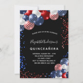Quinceanera patriotic black red blue white balloon invitation (Front)