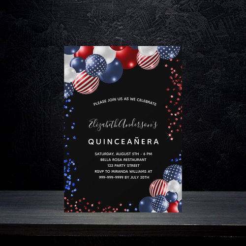Quinceanera patriotic black red blue white balloon invitation postcard