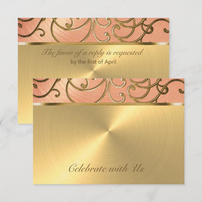 Quinceanera Peach and Gold Filigree Swirls Invitation (Front/Back)
