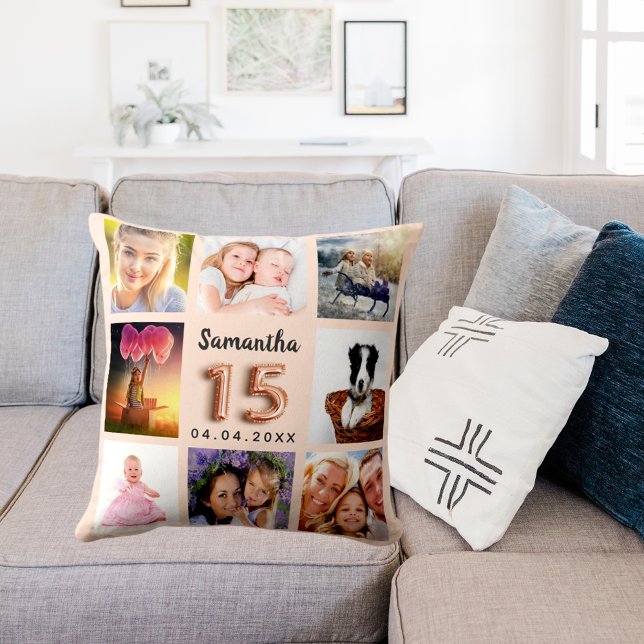 Quinceanera peach cream photo collage  throw pillow (Creator Uploaded)
