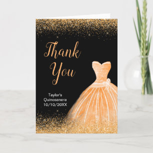 Quinceanera Peach Orange Dress Faux Glitter Letterpress Thank You Card