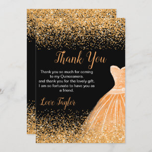 Quinceanera Peach Orange Dress Faux Glitter Thank You Card